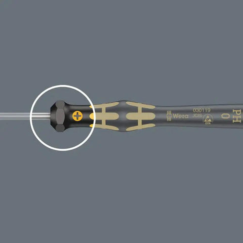 Close-up of ESD Safe Kraftform Micro Slotted Screwdriver with Anti Roll Handle, swivel cap, black point tip, ergonomic micro grip, 0.30 x 1.8 x 60 mm