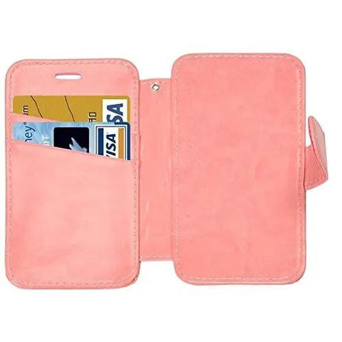 Open pink phone wallet case with card slots displaying credit cards