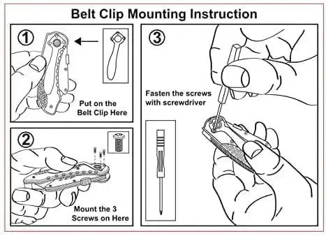 Illustration showing belt clip mounting instructions for Folding Utility Knife With Quick Change SK5 Blades Axis Lock Aluminum Handle.