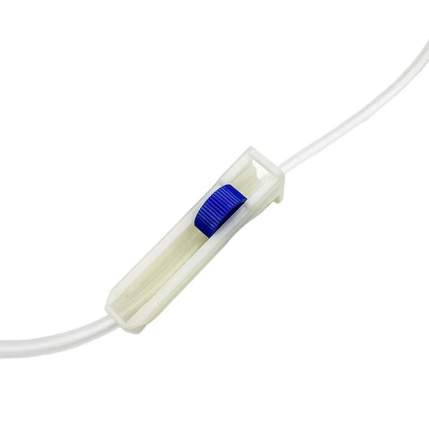 IV extension set with clear tubing and blue inline flow regulator