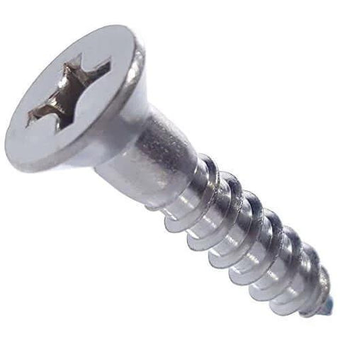 Close-up of 10 x 1-1/2 Inch Flat Head Phillips Wood Screws Made From Marine Grade Type 316 Stainless Steel With Partial Thread And Bright Finish.