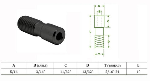 316 Stainless Steel Streamline Cable Stud With Molybdenum Disulfide Coating For Three Sixteenth Inch Cable And Five Sixteenth Inch UNF Thread One Inch Length Heavy Duty One Piece Hardware diagram and specifications.