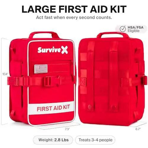 Large First Aid Kit For Car Travel And Home With Zip Stitch Wound Closure Strips image of red emergency kit with buckles