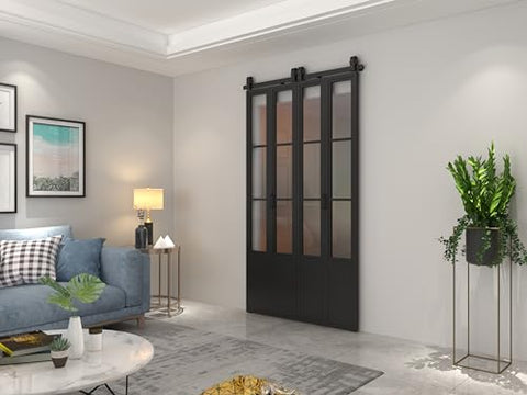 Frosted Glass Double Bi Fold Barn Doors With Black Steel Frame 48 Inch By 84 Inch Three Quarter Lites in living room setting