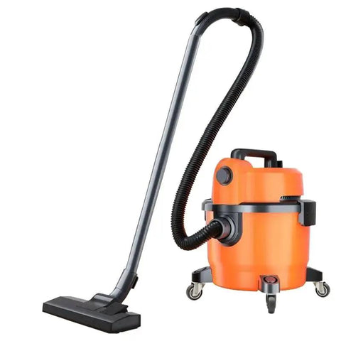 Orange wet and dry vacuum cleaner with 2 inch rubber swivel caster wheels set of four for easy mobility on various surfaces.