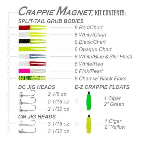 All In One Crappie Fishing Kit With 64 Bodies, 2 EZ Floats, 6 Jig Heads, 8 Double Cross Jig Heads For Freshwater Angling contents