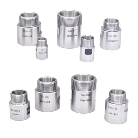 Eight silver metal spindle adapters with threaded ends for ER11–ER32 tool spindles