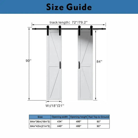 Double Barn Doors 36X84 With 6.6ft Hardware Kit Built Tough Pre Finished Surface Pre Drilled Holes For Easy Assembly Solid MDF Core Wrapped In Water Resistant PVC K Frame White Finish size guide diagram