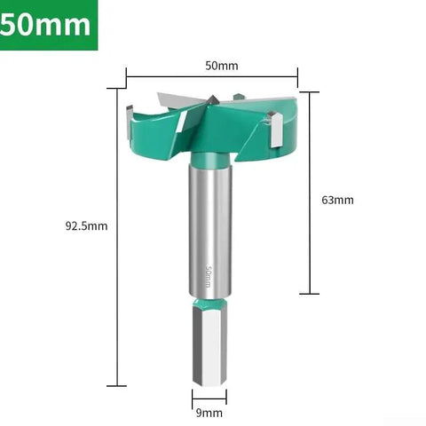 Front view of a 50mm wide range hole opener cutter for woodworking with hex shank, high carbon steel, for hinge boring and smooth drilling.