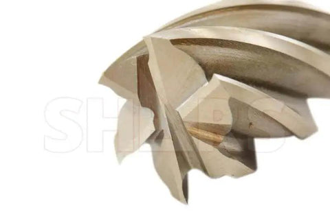 Close-up of Rugged HSS End Mill With 1-1/2 Inch Cutting Diameter And 3/4 Inch Shank, showing the 6 flutes and right-hand spiral design.