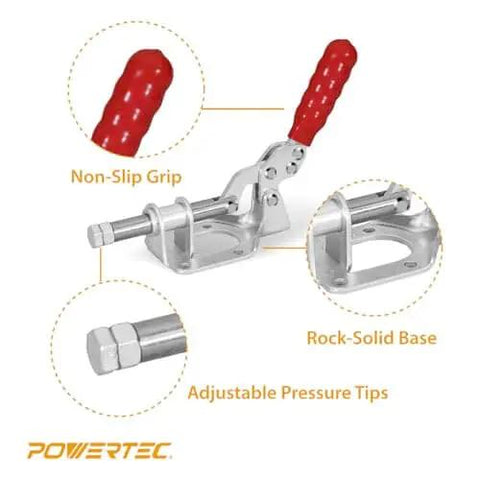 Toggle Clamp With 300 LB Holding Capacity, Quick Release 302F Push Pull Clamp with non-slip grip and adjustable pressure tips.