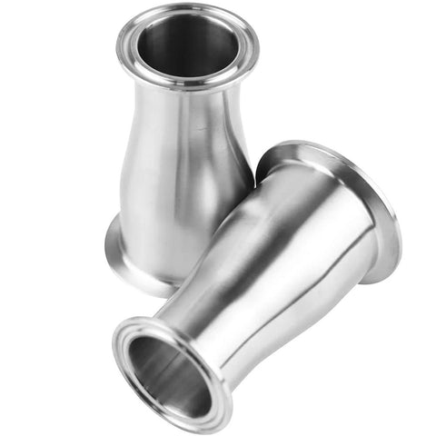 Two Beduan stainless steel sanitary tri-clamp reducer ferrules for 2 in to 1-1/2 in tube OD