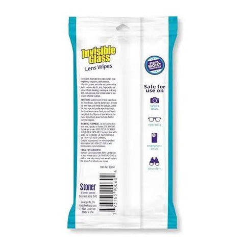 Streak Free Lens Cleaning Wipes For Glasses Cameras Binoculars 16 Count package, back view, showing usage instructions.