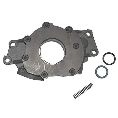 Beefed Up Oil Pump For GM LS Series Engines, Wet Sump Internal, Standard Volume High Pressure, Optional Plus Twenty Five Psi Spring For COPO Camaro, Seven Eighths Inch Bolt On Screen, Stock Volume With Ten Psi Boost Over M295, shown with components