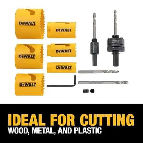 Bi Metal Hole Saw Kit For Wood Metal And Plastic With Up To 50 Percent Longer Life And Fast Plug Ejection By Dewalt A Versatile Drill Bit Set For Clean Cuts Easy Chip Removal And Durable Long Life Ideal For Framing Electrical Plumbing And DIY Projects