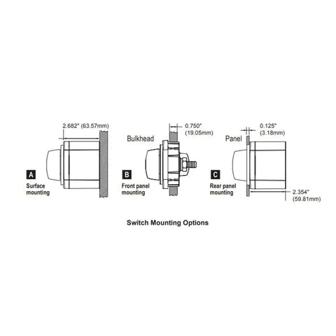 Blue Sea Systems 6006 m-Series battery isolator switch mounting options diagram showing surface, front, and rear mounts