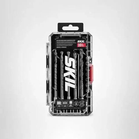 Front view of 10 Piece Hex Shank Carbide Tipped Hammer Drill Bit Set For Faster Drilling And Longer Lasting Sharpness With Interlocking Case A True Workhorse For Masonry And Wood By SKIL MDB5000 in a clear case.