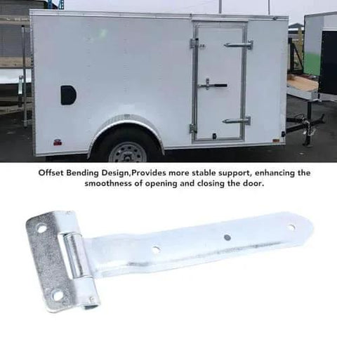 12 Inch Metal Offset Bent Strap Trailer Door Hinge For Side Doors And RVs Universal Fit Shown Against Enclosed Cargo Trailer