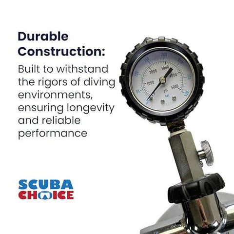 Scuba Choice DIN tank pressure gauge with stainless steel valve, 5000 PSI/350 BAR, diving accessory