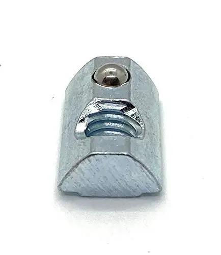 Roll-In T-Nut With Ball Spring 5/16-18, close-up view, showing zinc finish and self-aligning feature for 15 Series aluminum extrusion systems.