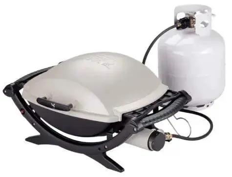 Propane Hose 1lb To 20lb Adapter For 12 Foot Connection attached to a grill with large LP tank, Safe Flow, for Weber Q Grills