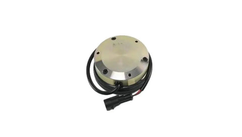Front view of circular metal electromagnetic brake for forklift, with wiring harness and connector