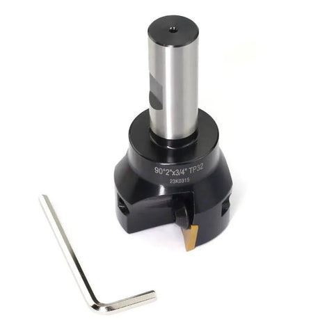 Indexable Carbide End Mill Workhorse With Three Quarter Inch Shank And Two Inch Cutting Diameter Ninety Degree Tool Three Flutes Three Piece Tin Coated Inserts TPCN32PDTR For High Speed Milling And Long Tool Life with L-shaped tool