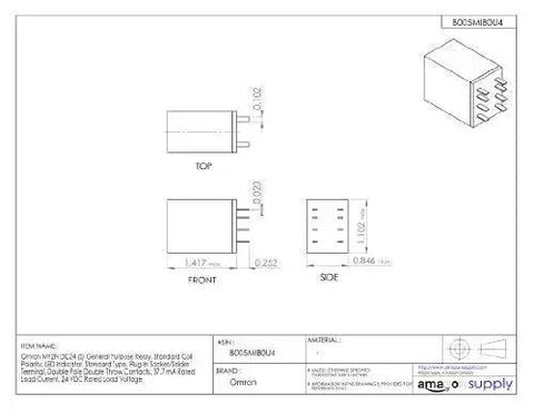 Technical drawing of Miniature 24V DC General Purpose Relay 2 Pole With Plug In Terminals And LED Indicator MY Series S Version