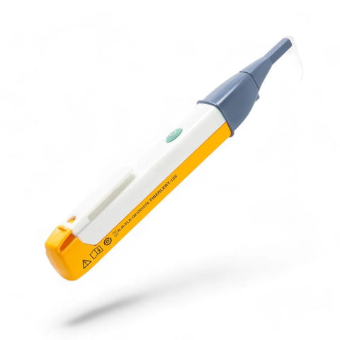 Fluke Networks FiberLERT-125 fiber optic tester and detector, handheld device with yellow body and gray probe.