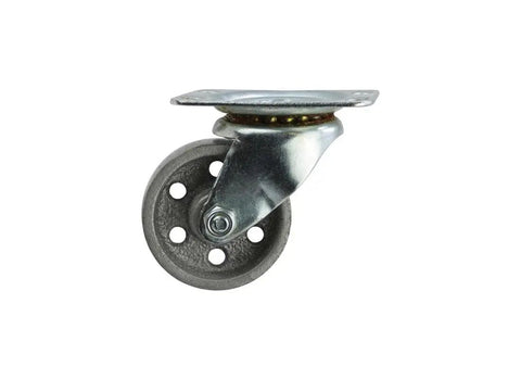 Side view of a 2 Inch Cast Iron Swivel Plate Caster with Silver Wheel and Heavy Duty Ball Bearing Mount 125 lb Load Capacity Per Caster.