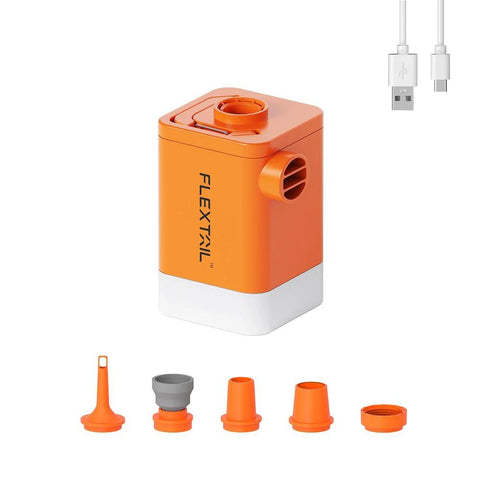 FLEXTAILGEAR portable air pump for inflatables, orange compact unit with USB charging cable and nozzle adapters.
