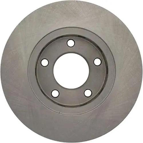Front brake rotor disc, gray steel finish, five lug holes and central bore.