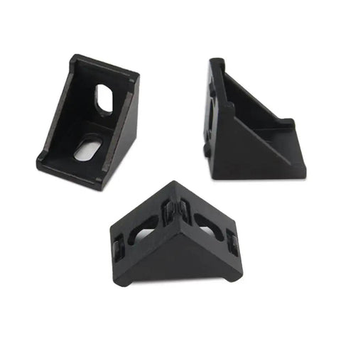 Black 3030 right angle corner brackets kit with M6 screws and T nuts for 3030 aluminum extrusion, showing three brackets