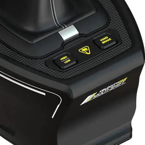 VelocityOne Multi-Shift sim racing shifter with handbrake, black with carbon-fiber texture and yellow buttons