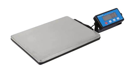 Heavy Duty Parcel And Shipping Scale With 330 Pound Capacity Clear LCD Display Stainless Steel Platform AC Adapter Included Or Four AA Batteries A Real Workhorse For Warehouse And Industrial Shipping showing stainless steel surface and LCD