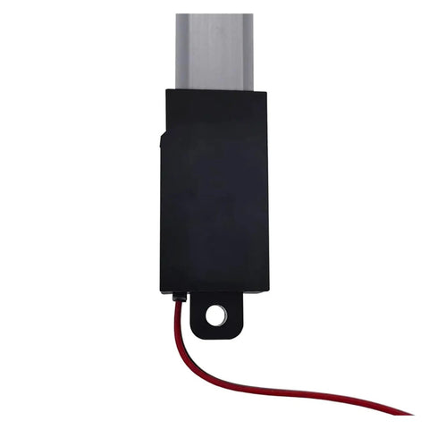 Close-up of 12V Micro Electric Linear Actuator Kit With 30N 60N 100N 150N Torque showing black housing and red wire connection