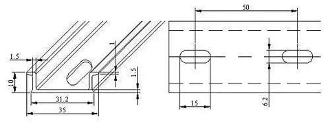 Diagram of 5 Pack 35mm Wide Slotted Aluminum DIN Rail Mounting Bar 1 Meter Beefy Heavy Duty Build With 6.2x15 mm Slots