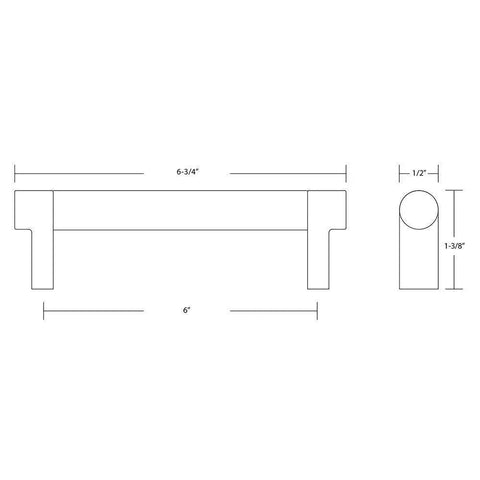 Diagram of Knurled Cabinet Pull In Satin Brass Finish With US4 Stem For Center To Center Mounting Six Inch Size showing dimensions.