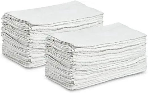 Stack of white shop towels B grade rags 60 pcs 20x40 inches for industrial auto garage cleaning and commercial use