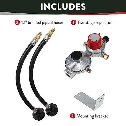 Two Stage Auto Changeover Propane Regulator With Two 12 Inch Pigtails For RVs Vans And Trailers shown with accessories
