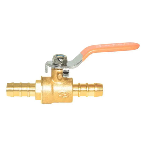 Side view of Two Pack Half Inch Barbed Shut Off Ball Valve With Solid Brass Construction Hose Barb Connections And Clamps For Water Air Fuel And Oil Lines Durable Quick Connect Handle With 180 Degree Operation For Easy Shut Off.