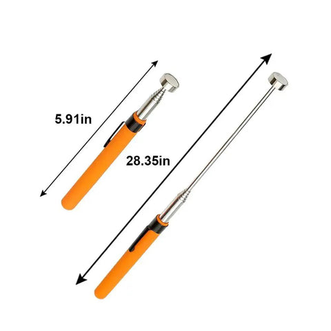 Telescoping Magnetic Pickup Tool With 8Lb Pull And 28 Inch Extendable Rod, showing extended and collapsed lengths, orange handle.