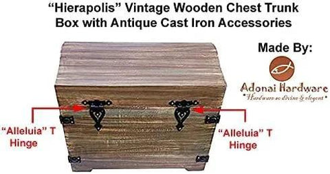 Hierapolis wooden chest with Alleluia Antique Cast Iron T Hinges Heavy Duty 5.3 Inch 2 Pack Matte Black Finish for rustic decor