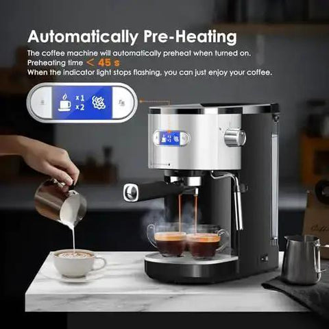 20 Bar Commercial Espresso Machine With Milk Frother And Steam Wand showing pre-heating feature on a kitchen counter.