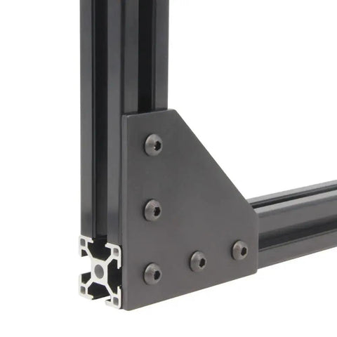 Beefy 90 Degree L Shape Corner Bracket Plate Set for 3030 Aluminum Extrusion with 5 holes, installed view with M6 screws, black finish
