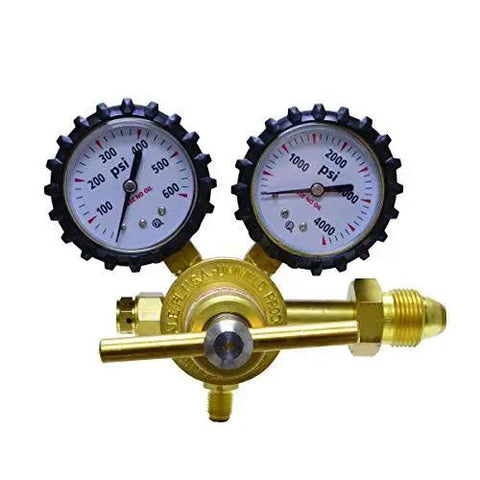 Nitrogen Regulator With 0 To 400 Psi Delivery Pressure, CGA580 Inlet, 1 Quarter Inch Male Flare Outlet, Easy Read 2 Inch Gauges With Protective Boots