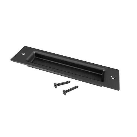 8 Inch Flat Black Barn Door Finger Pull Handle Sliding Door Hardware Solid Heavy Duty Recessed Door Handle For Barn Doors Cabinets And Furniture Flush Mount Look Rust Resistant Carbon Steel front view with screws