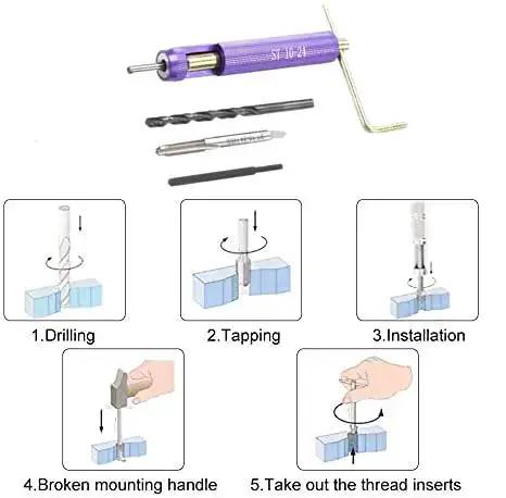 Image showing a 50 Piece M10-24 x 1.5D Thread Repair Insert Kit For Aluminum And Lightweight Metals with installation steps.
