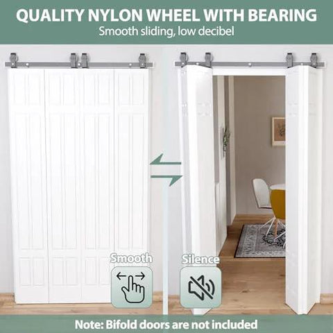 Heavy Duty Bi Folding Sliding Barn Door Hardware Kit For Four 21 Inch Panels, 88 Inch Track shown in living area