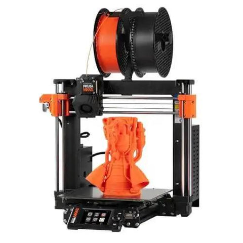 MK4S 3D Printer Kit With Automatic Calibration And Removable Sheets, showing front view with printed model and filament spool
